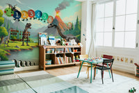 Wall mural with cartoon dinosaurs and hills


