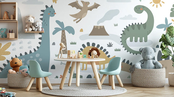 Playful dinosaur design wall mural wallpaper for kids' rooms., B333