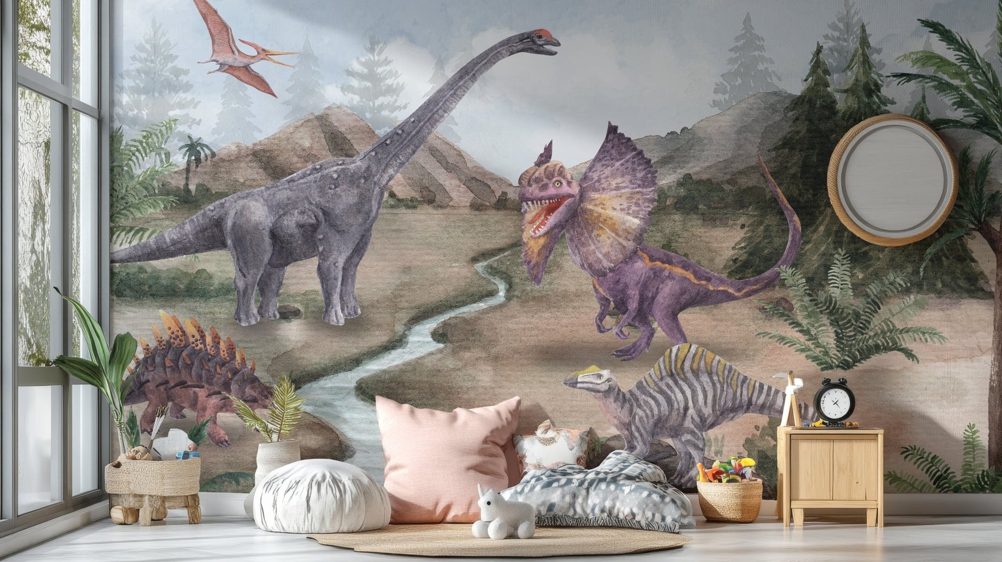 Dinosaur-themed wallpaper featuring vibrant prehistoric scenery., C40