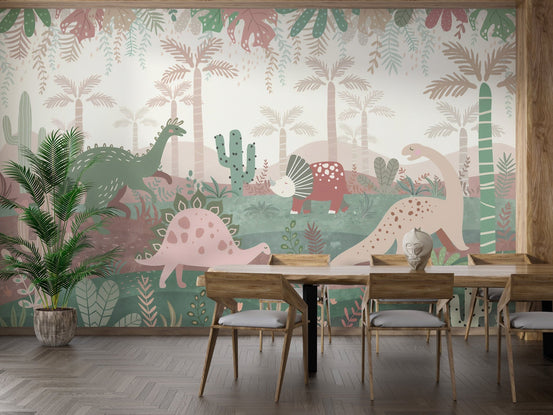 Green and pink dinosaurs wallpaper mural A434
