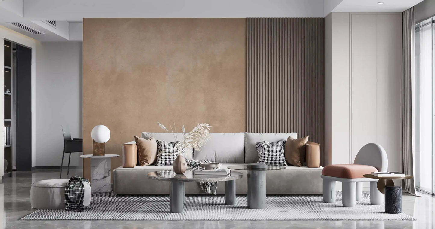 Living room setup using Dirty Paper Blush wall mural in subtle pink texture