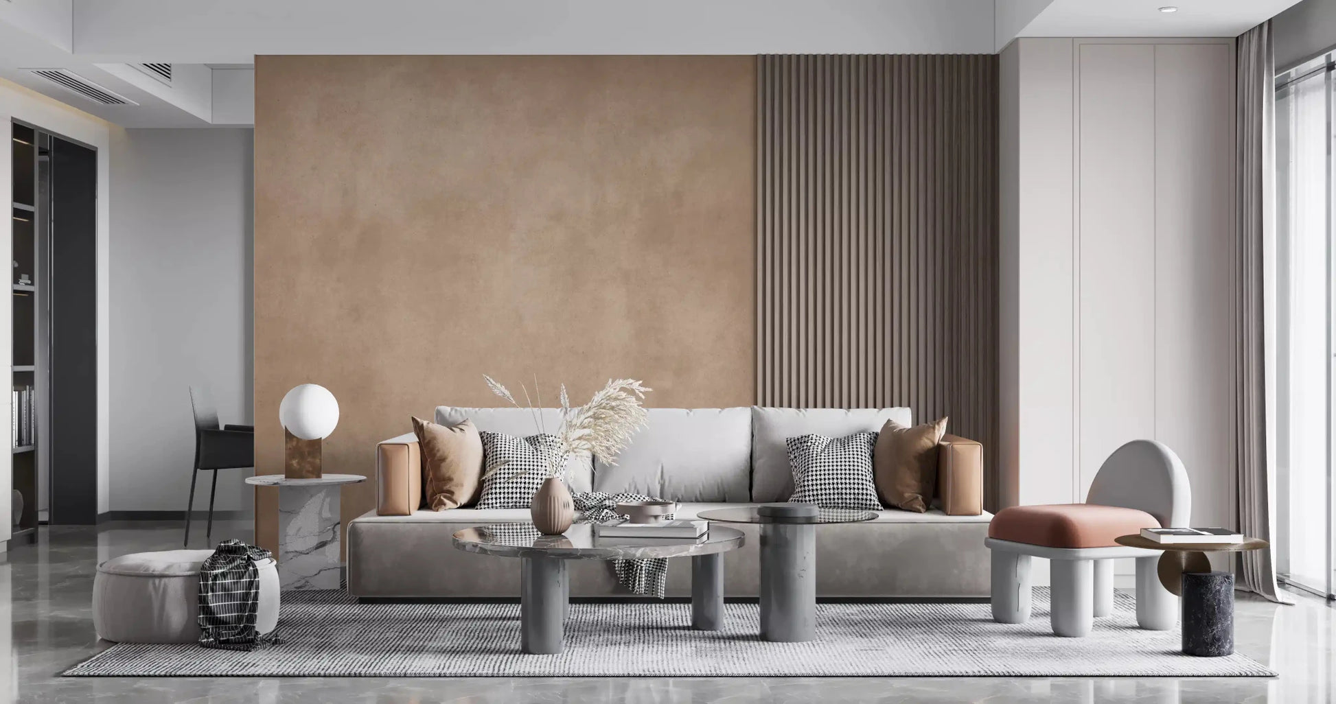 Living room setup using Dirty Paper Blush wall mural in subtle pink texture