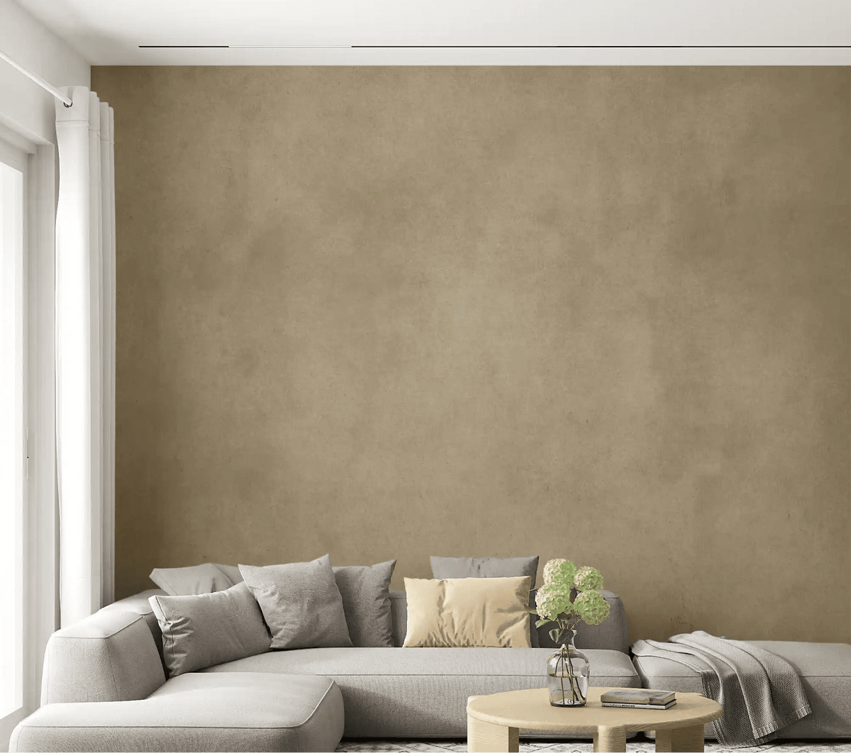 Living room styled with Dirty Paper Chamois wall mural in soft beige texture, GD9232