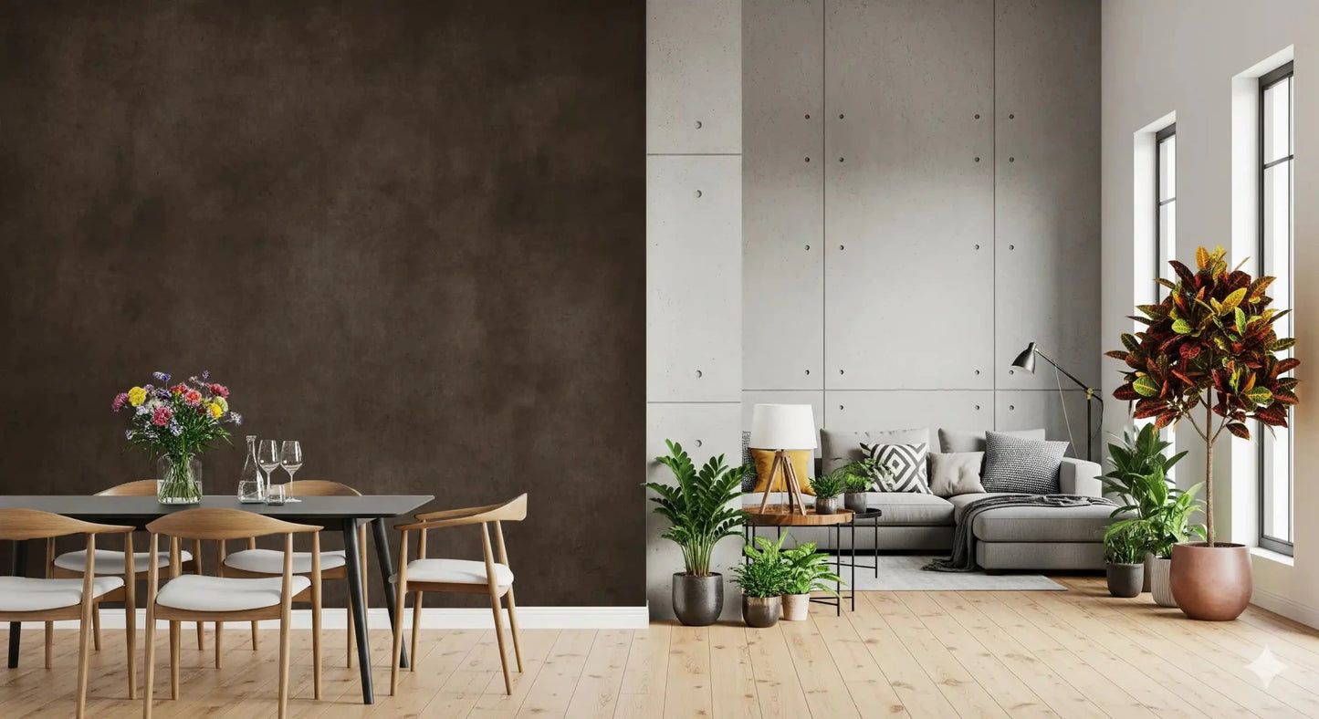 Living room styled with Dirty Paper Chocolate wall mural in deep brown texture, GD9233