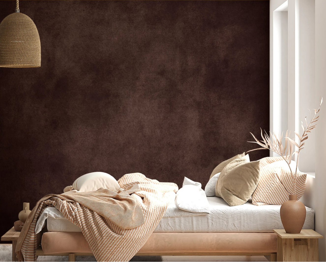 Dirty Paper Cognac Wall Mural adds rich aged texture behind a soft neutral bed