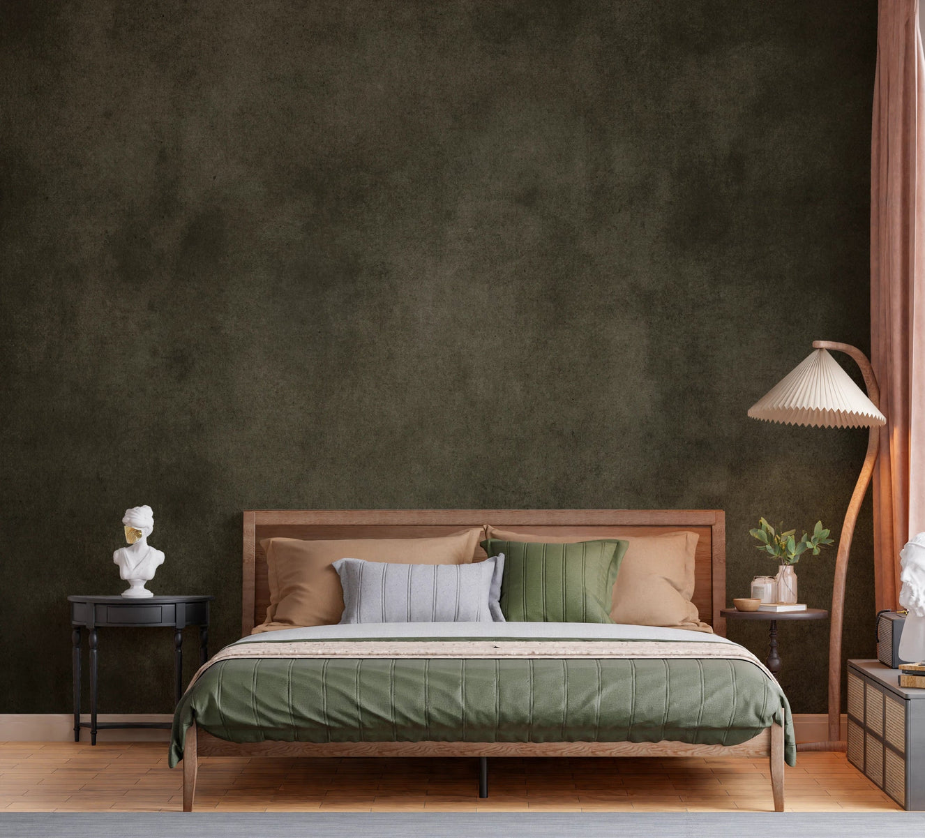 Dirty Paper Earth Wall Mural adds rich earthy texture behind a warm modern bed