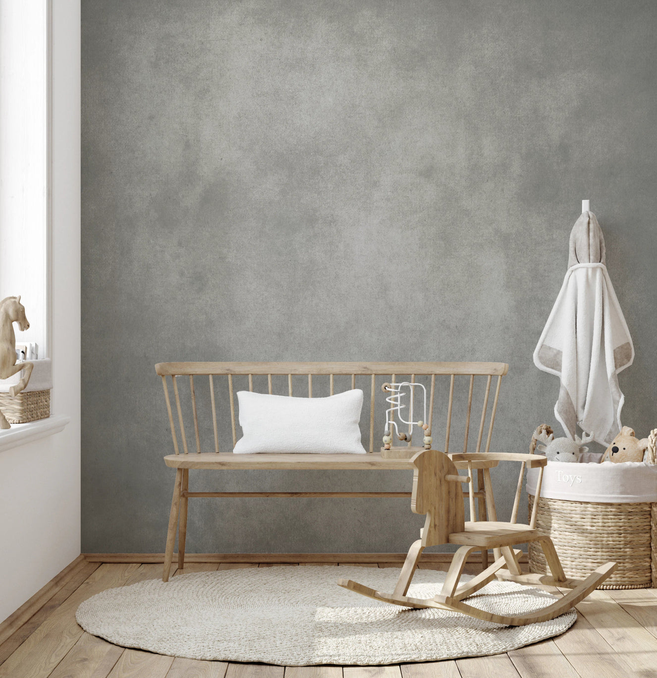 Dirty Paper Greige Wall Mural adds soft greige texture to a calm nursery corner