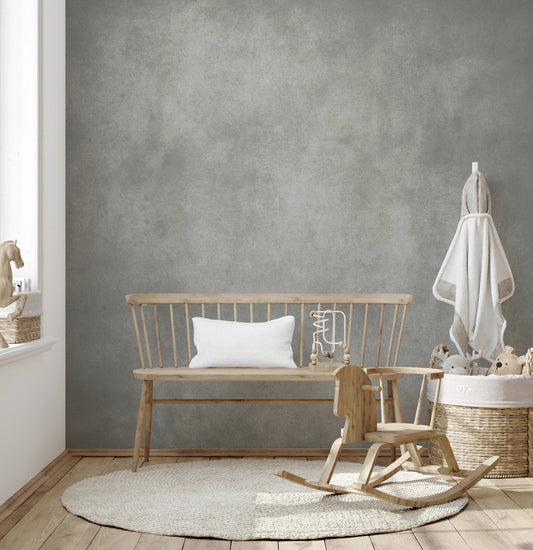 Dirty Paper Greige Wall Mural adds soft greige texture to a calm nursery corner