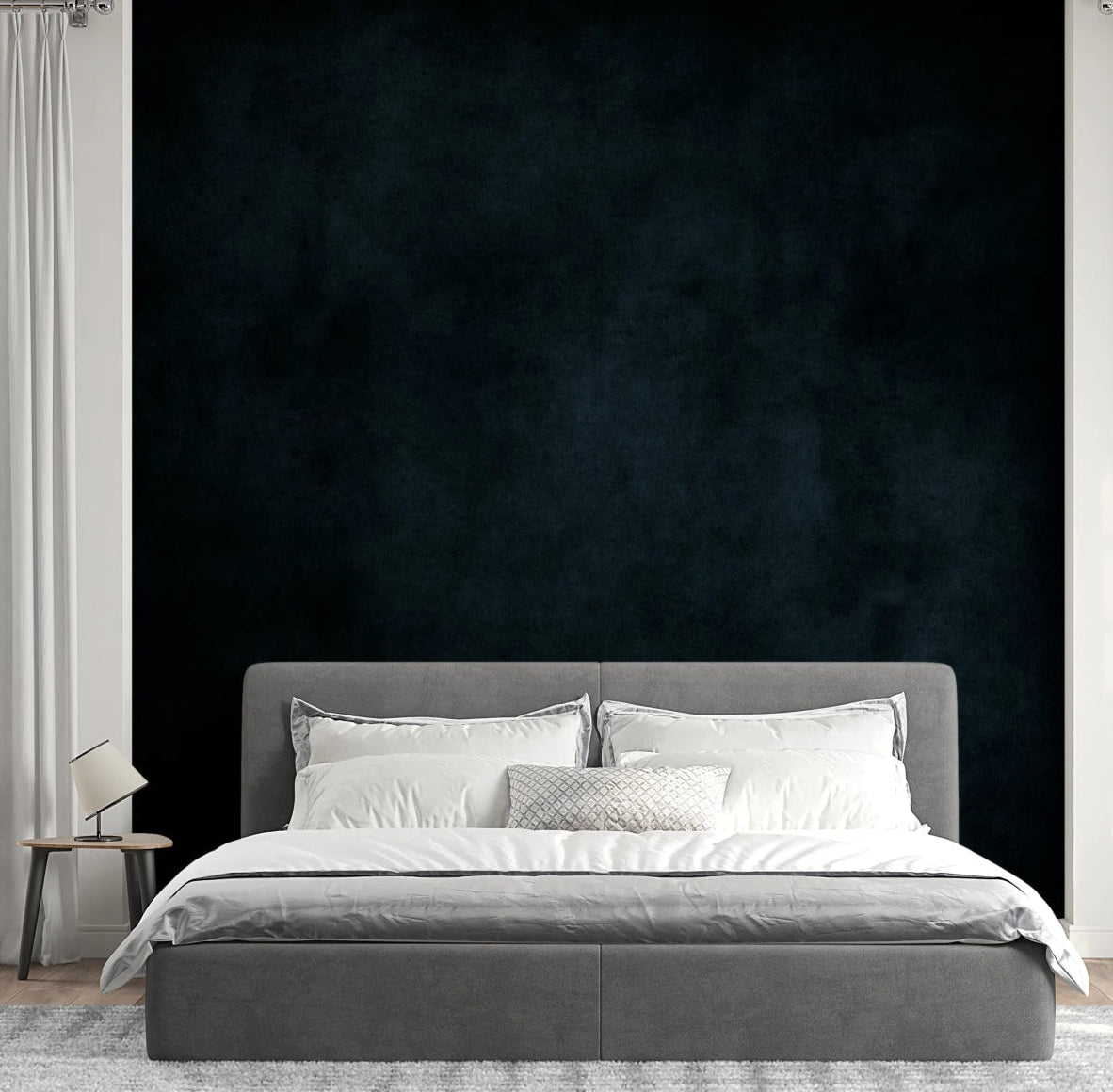 Dirty Paper Midnight Wall Mural adds deep moody texture behind a soft modern bed, GD8152