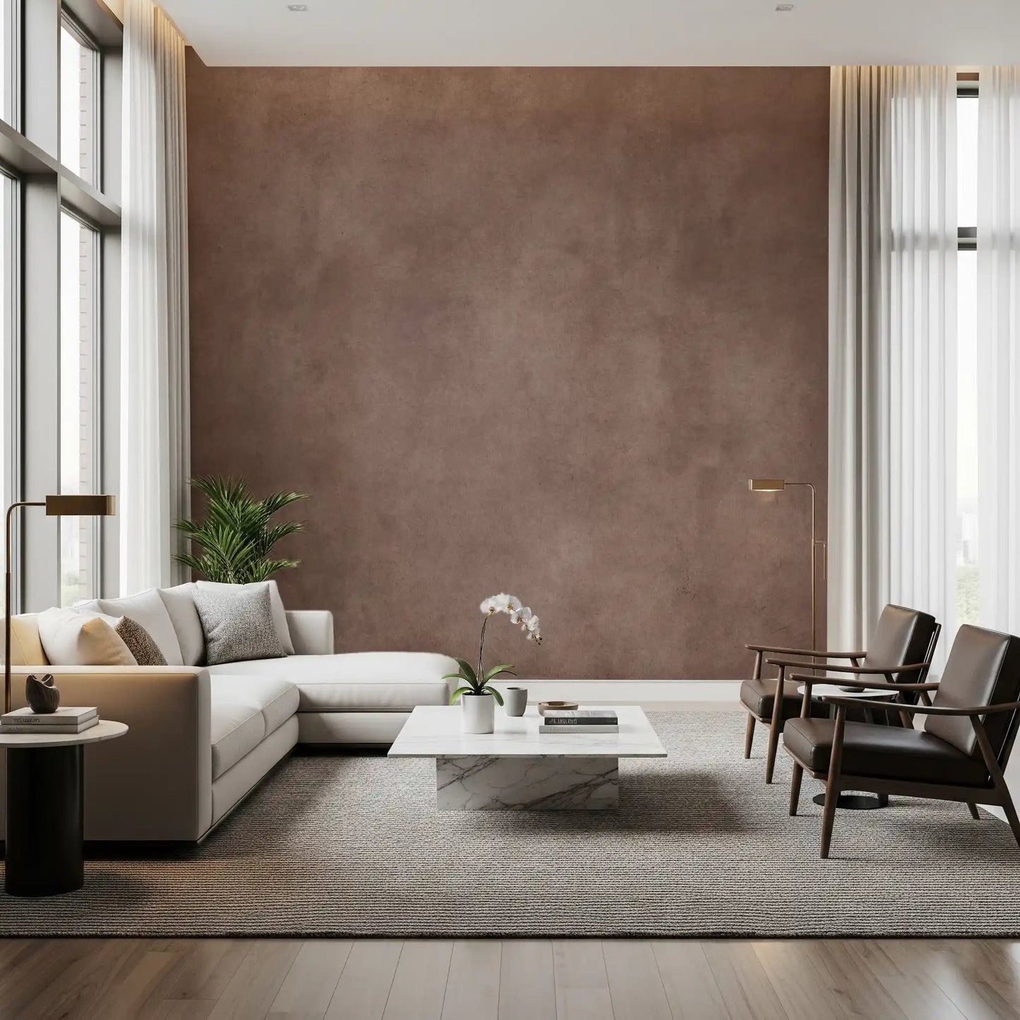 Living room styled with Dirty Paper Mulberry wall mural in warm brown texture, GD9234