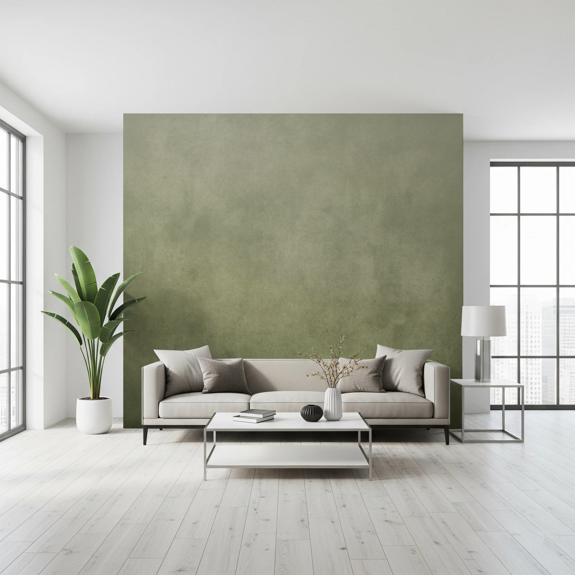 Office area wall with Dirty Paper - Ombre Olive wall mural and soft ombre finish, GD8217