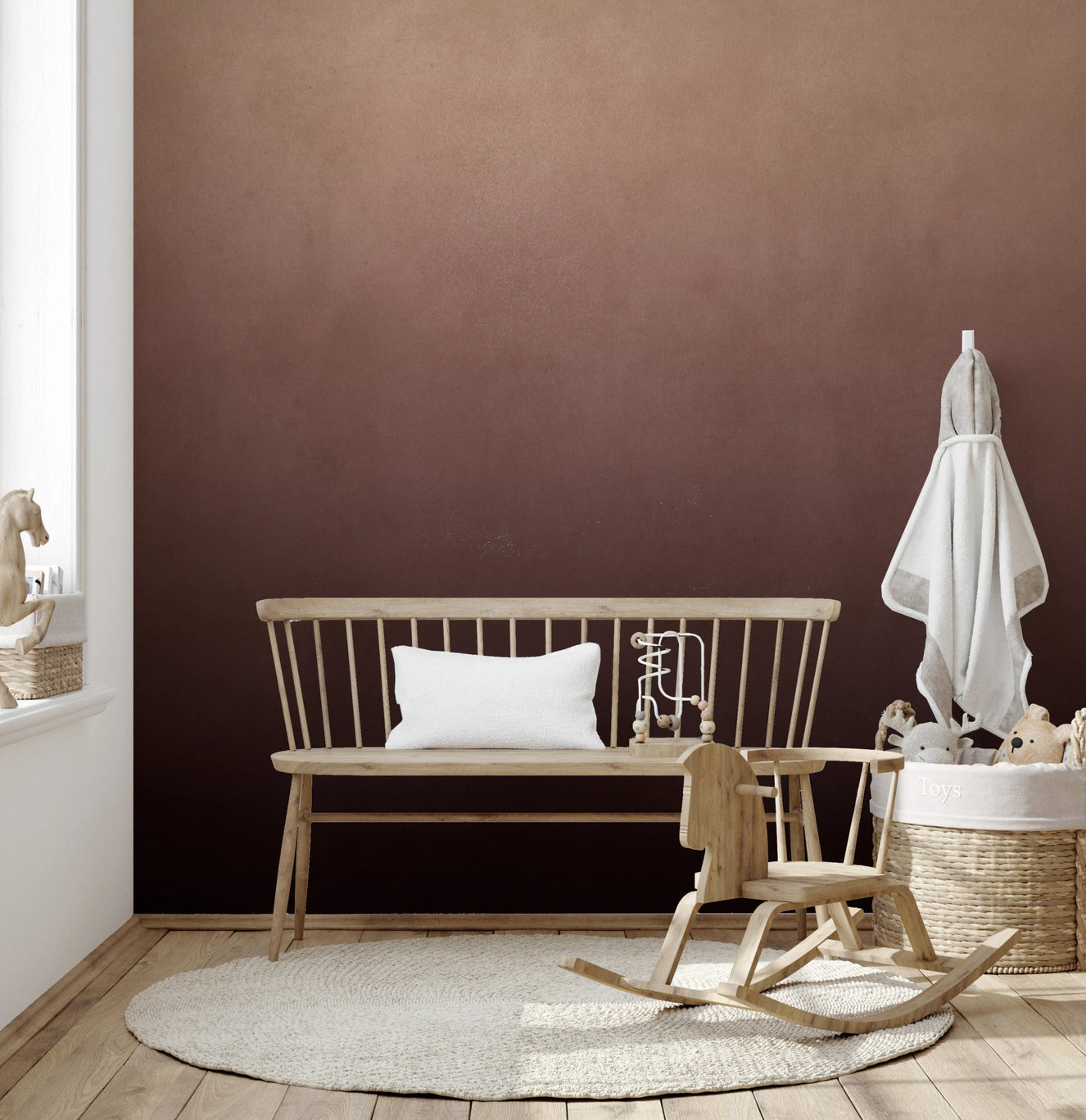 Dirty Paper Ombre Peach Wall Mural adds soft ombre warmth to a calm nursery corner