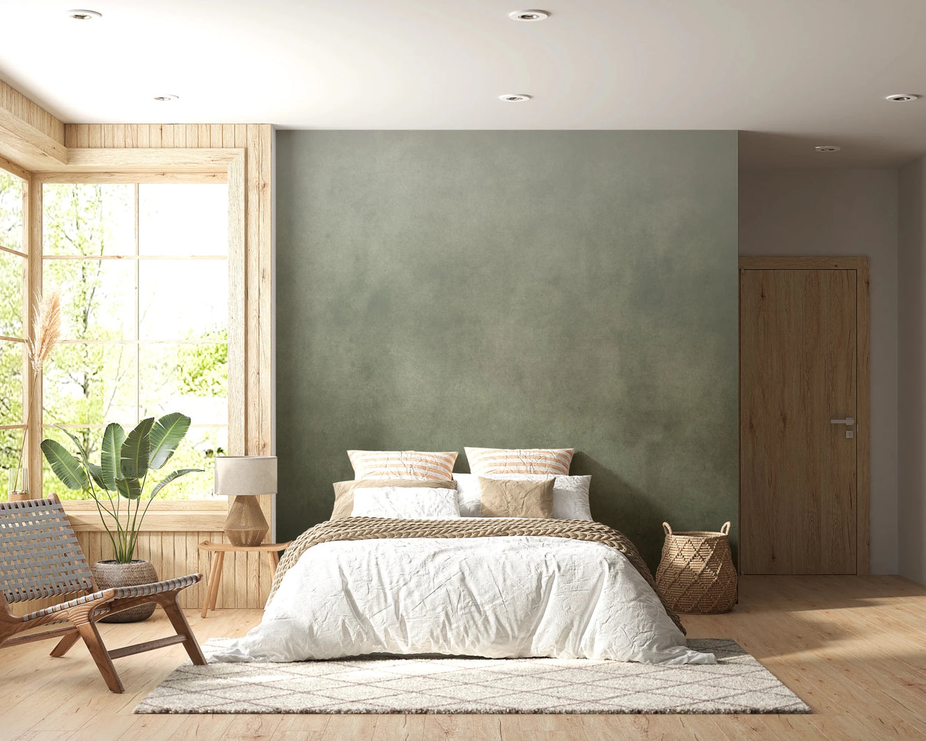 A soft green wash from Dirty Paper Ombre Sage Wall Mural settles behind the bed