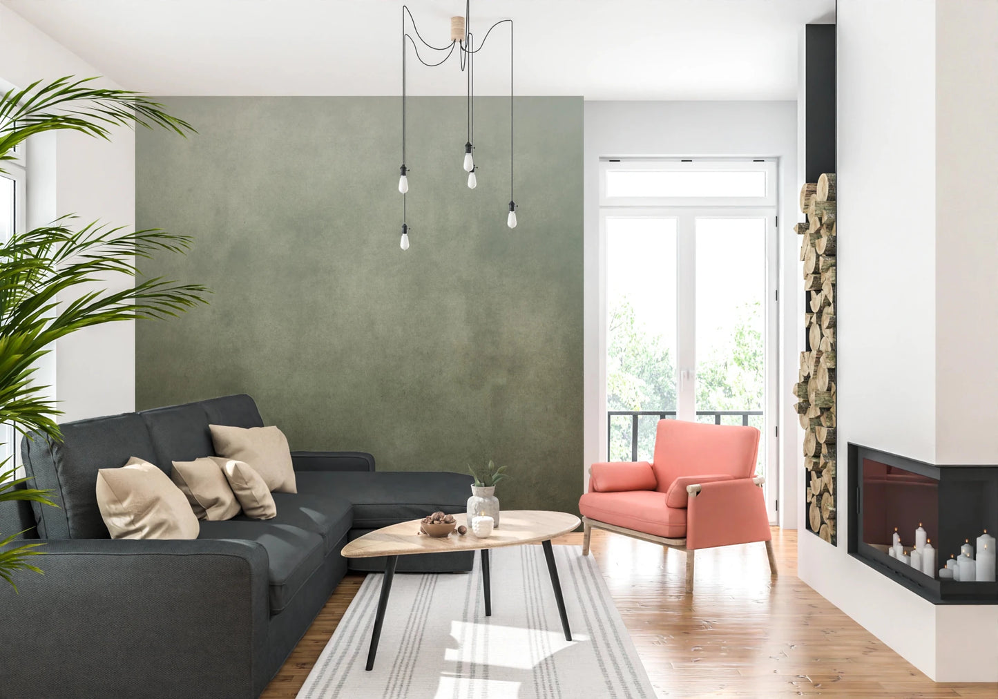 A relaxed living setup pairs naturally with Dirty Paper Ombre Sage Wall Mural