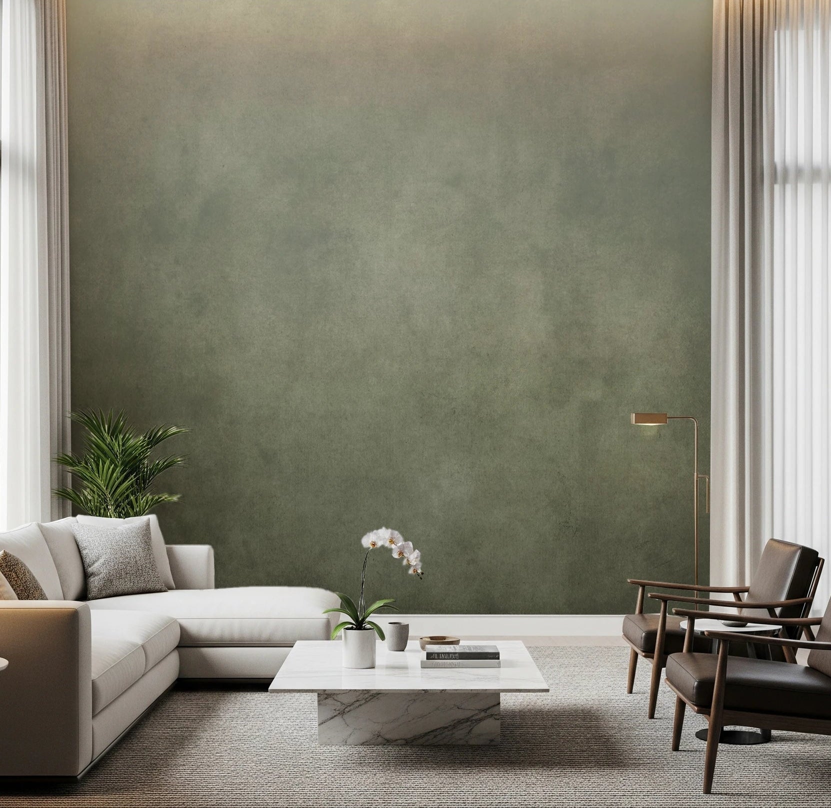 Dirty Paper Ombre Sage Wall Mural gives this living room a quiet earthy backdrop, GD8218