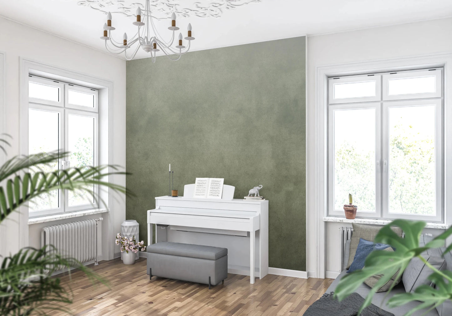 Morning light works beautifully against Dirty Paper Ombre Sage Wall Mural here