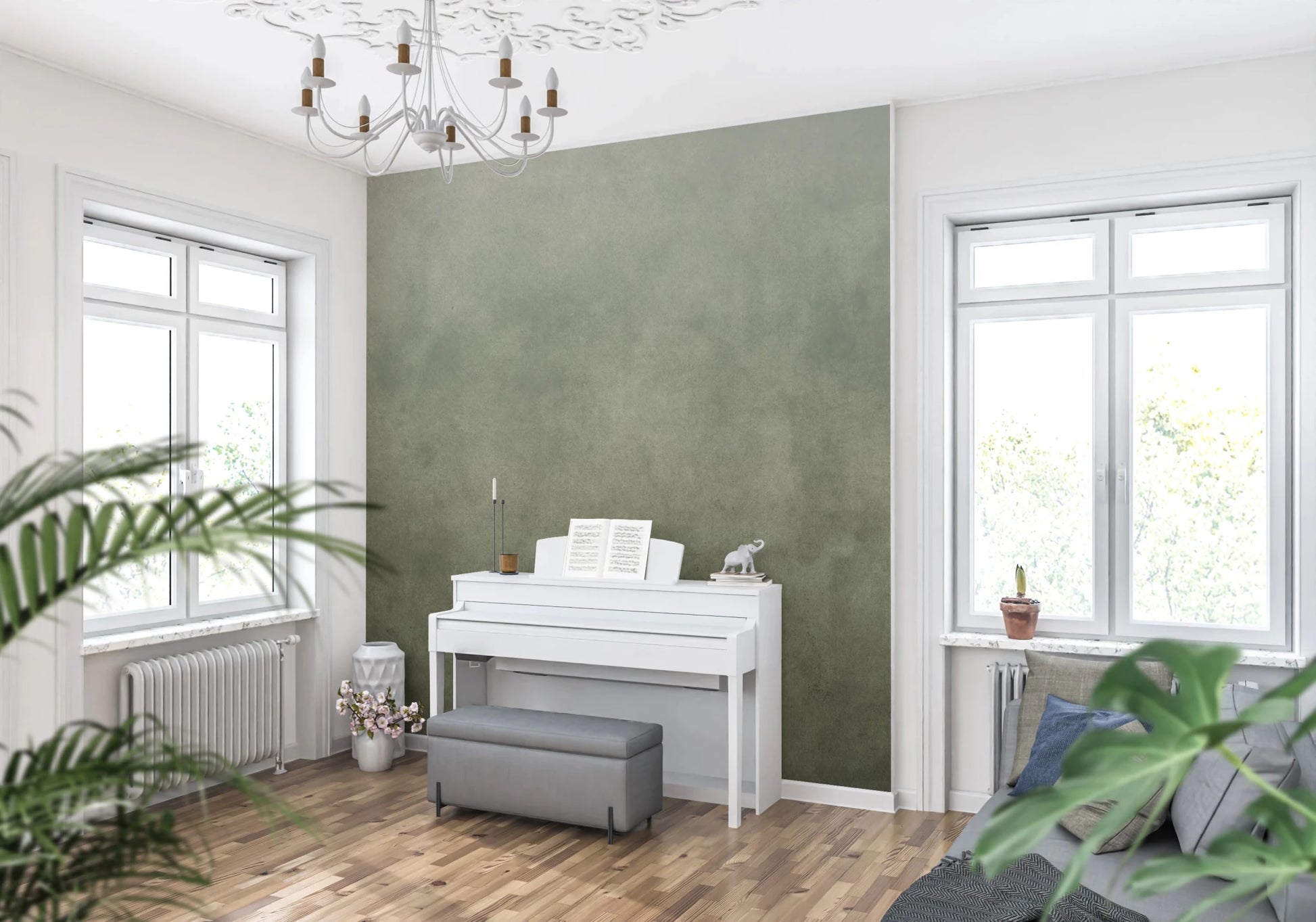 Morning light works beautifully against Dirty Paper Ombre Sage Wall Mural here
