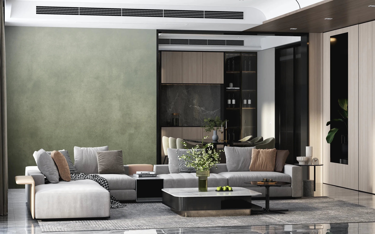 Dirty Paper Ombre Sage Wall Mural brings muted depth into the seating area