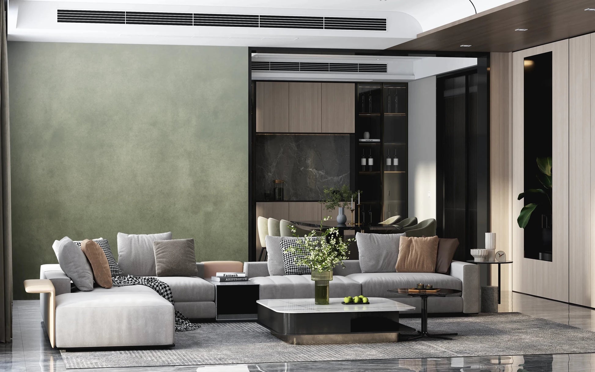 Dirty Paper Ombre Sage Wall Mural brings muted depth into the seating area