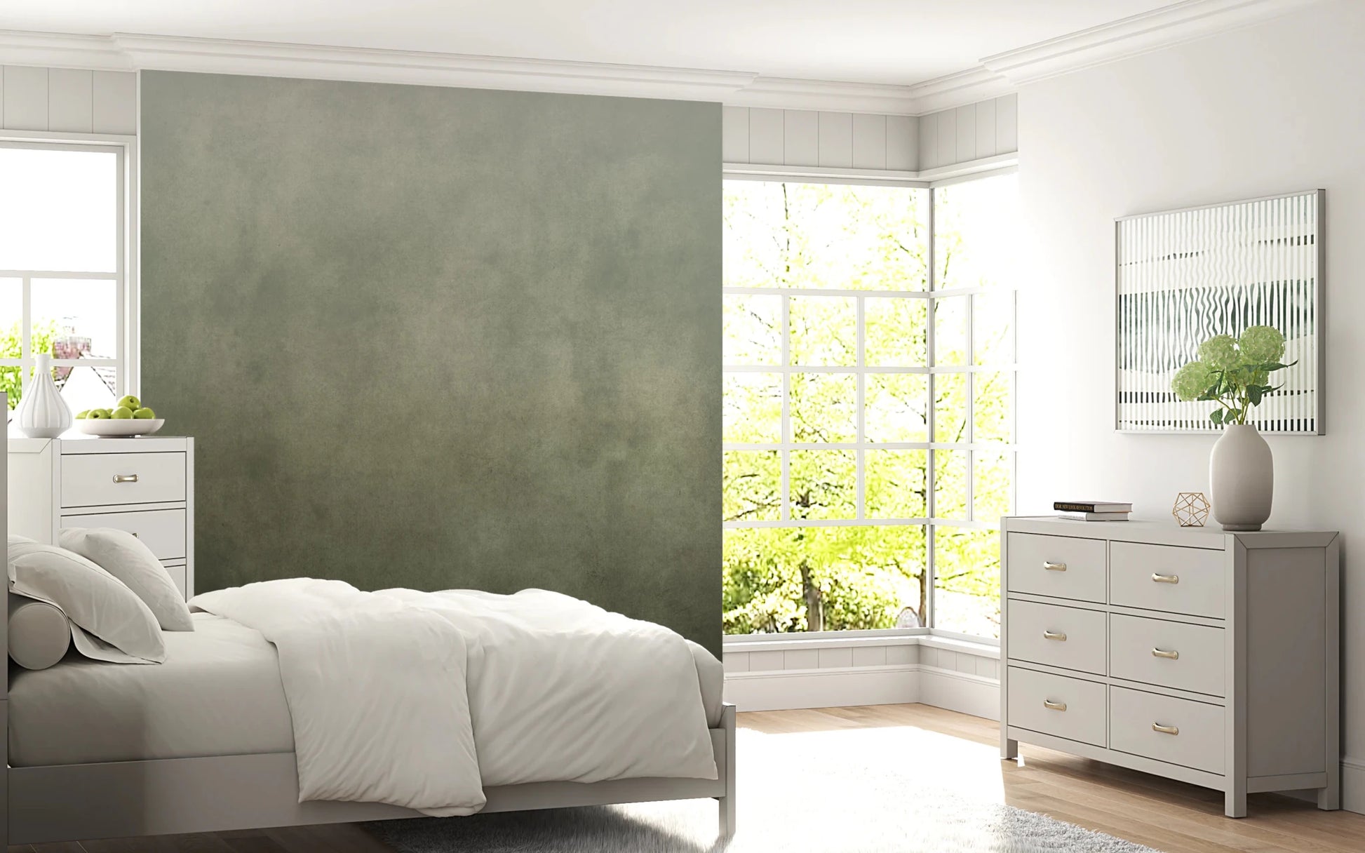 Dirty Paper Ombre Sage Wall Mural adds a faded green layer to this bedroom