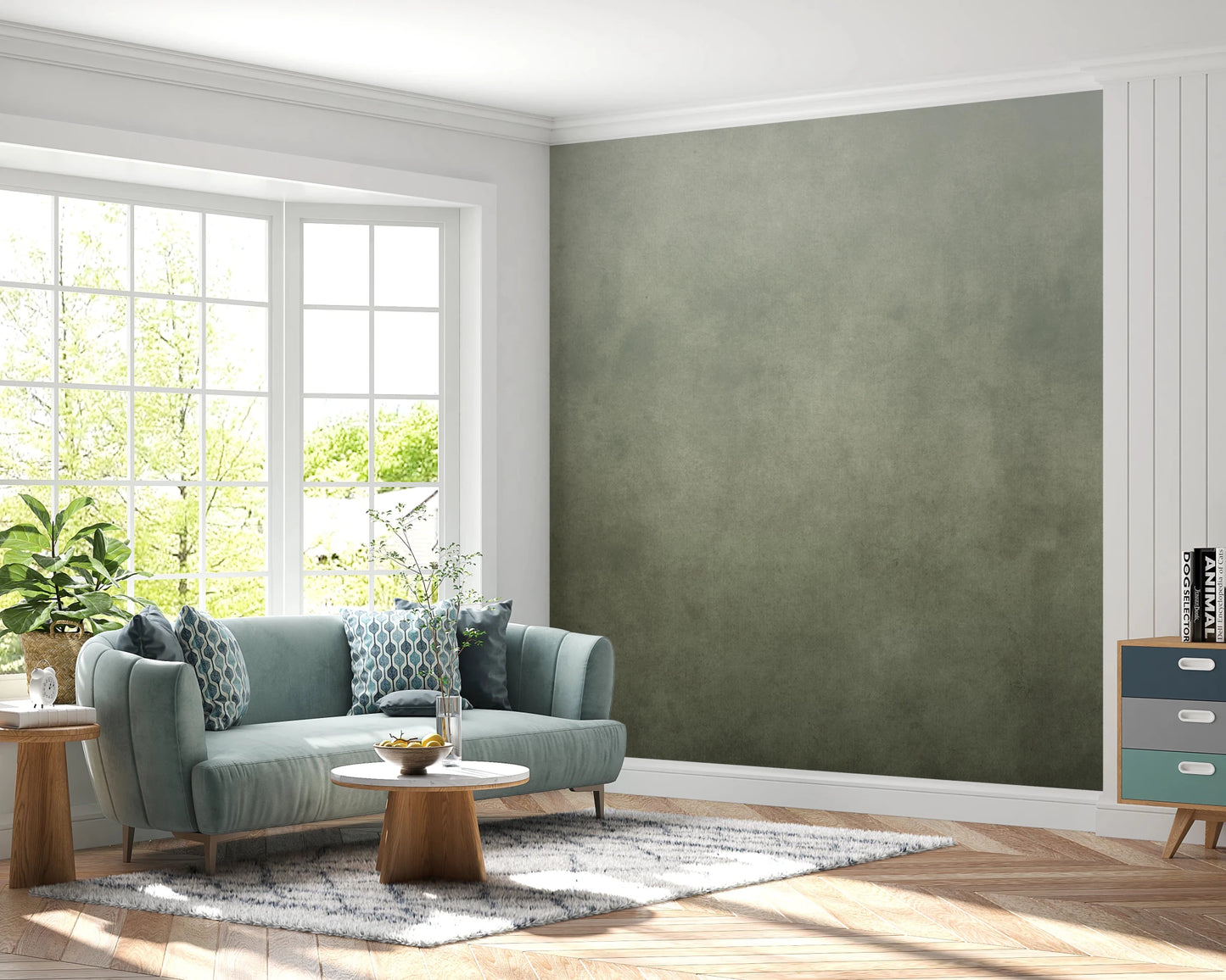 This room feels softer and more settled with Dirty Paper Ombre Sage Wall Mural
