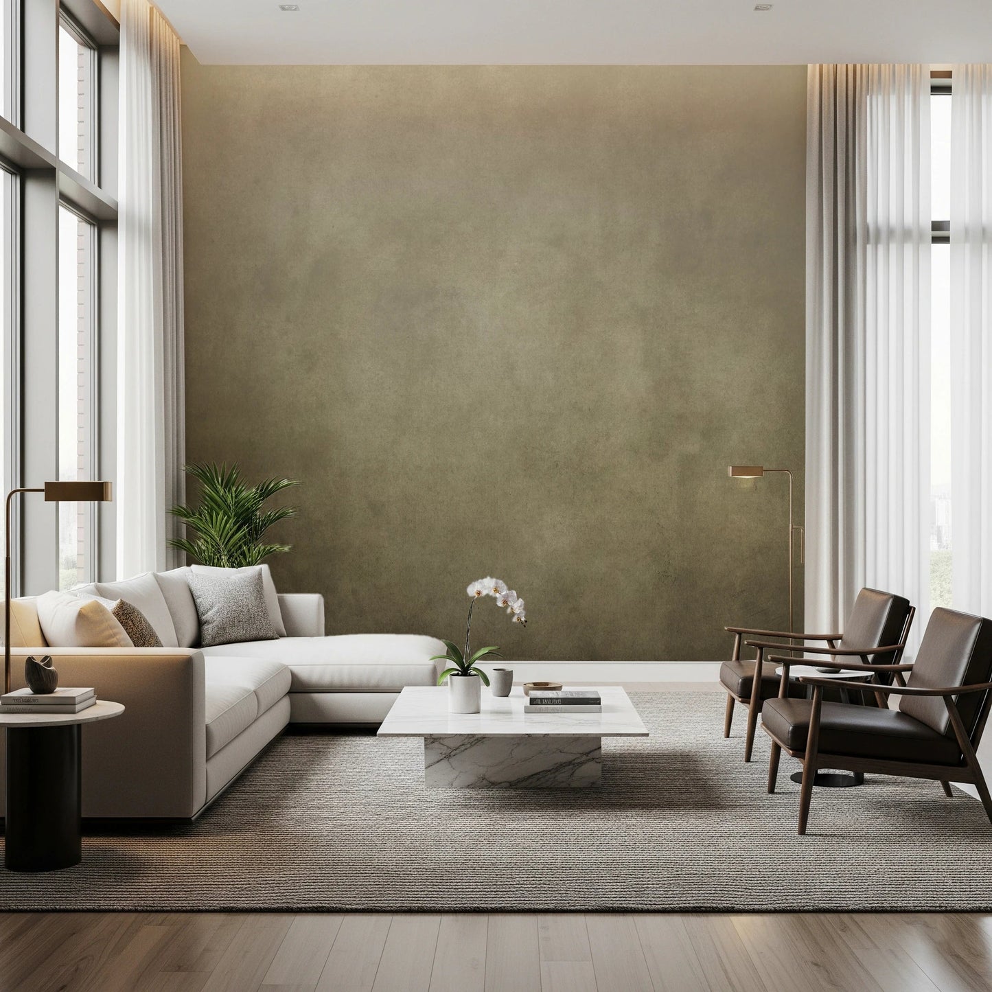 Cozy lounge area enhanced by Dirty Paper Ombre Tobacco Wall Mural finish