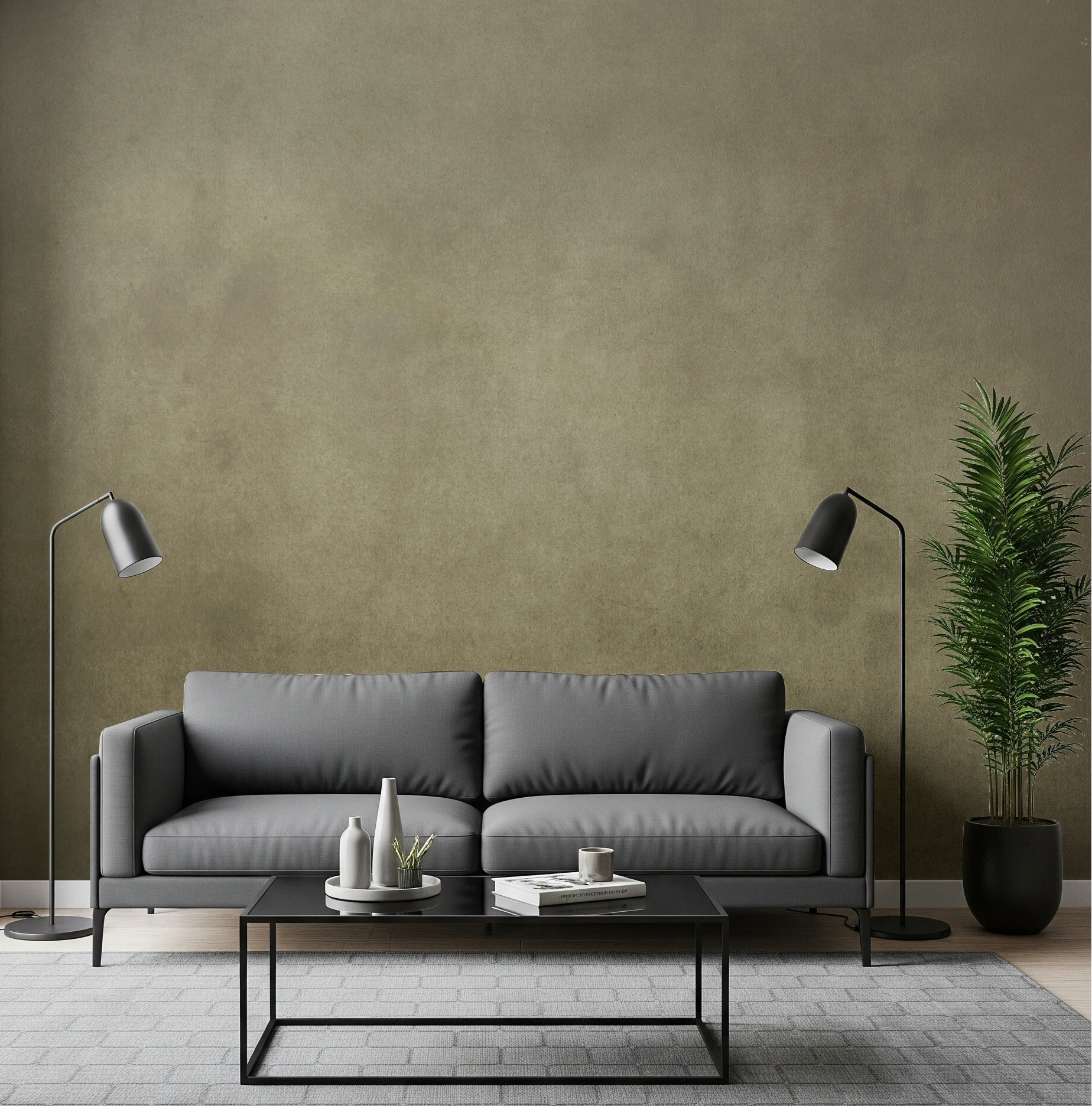 Living room styled with Dirty Paper Ombre Tobacco Wall Mural in warm tones, GD8219