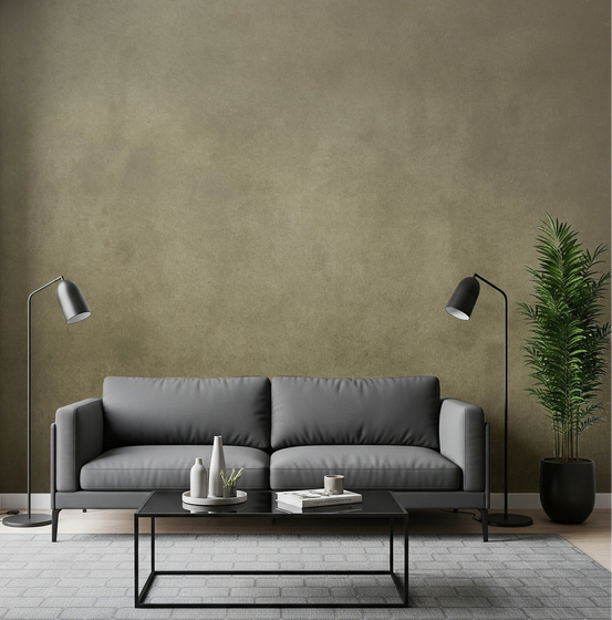Living room styled with Dirty Paper Ombre Tobacco Wall Mural in warm tones, GD8219