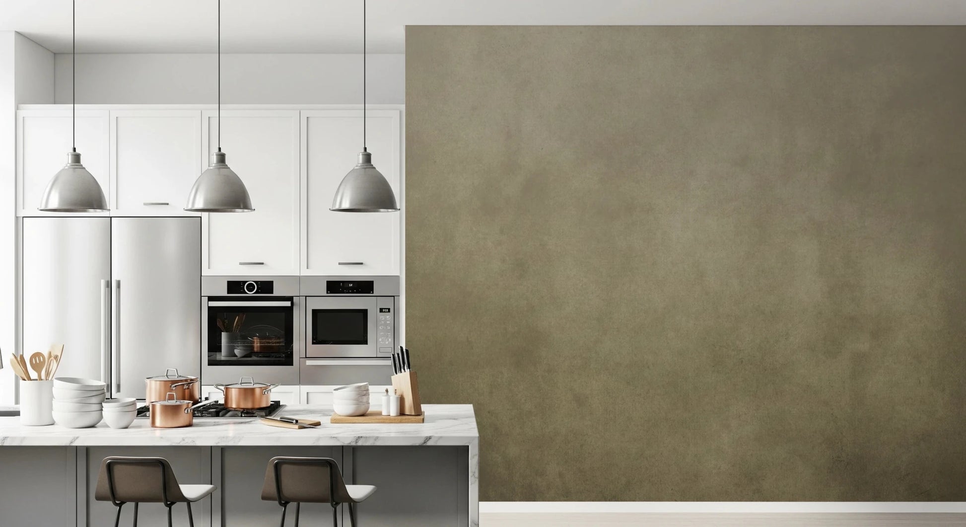 Modern kitchen space designed with Dirty Paper Ombre Tobacco Wall Mural
