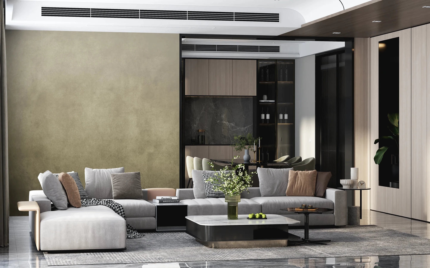 Open living space paired with Dirty Paper Ombre Tobacco Wall Mural tones