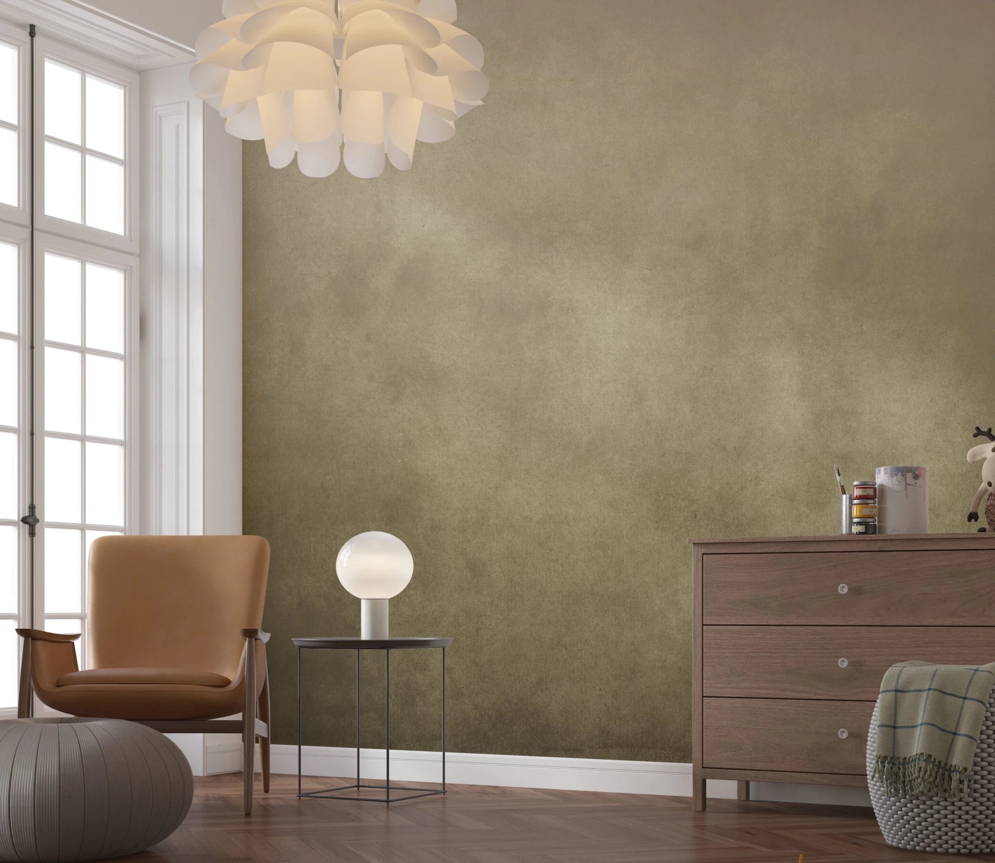 Bright corner room finished with Dirty Paper Ombre Tobacco Wall Mural
