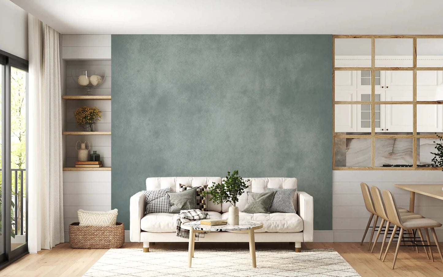 Hallway space showing Dirty Paper Pool wall mural with muted blue tones, GD9235
