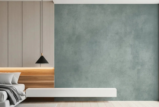 Bedroom wall featuring Dirty Paper Pool wall mural with aged plaster effect