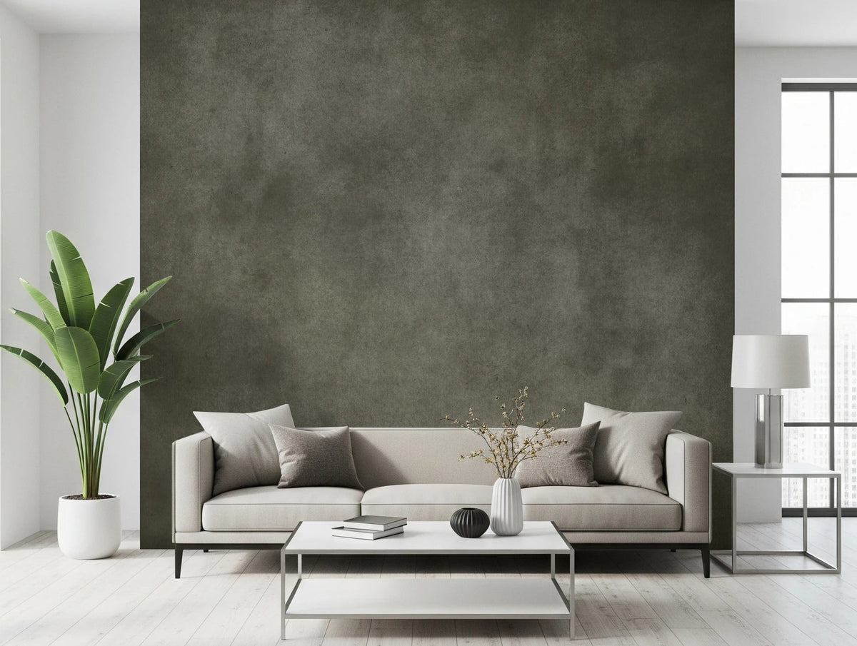 Dirty Paper Putty Wall Mural adds soft mineral texture behind a calm modern sofa, GD8154