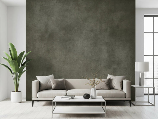 Dirty Paper Putty Wall Mural adds soft mineral texture behind a calm modern sofa