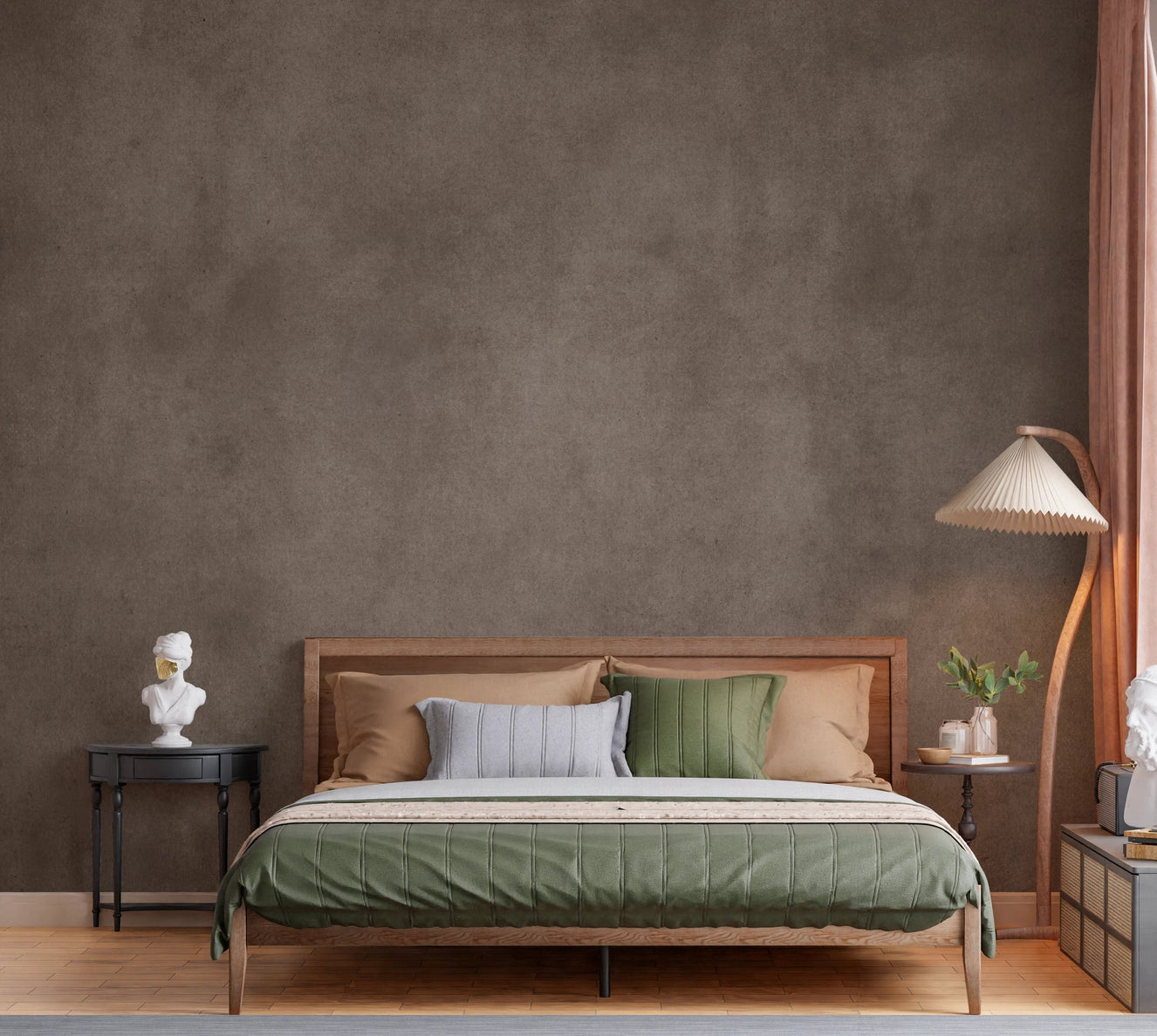 Dirty Paper Taupe Wall Mural adds soft aged texture behind a warm modern bed