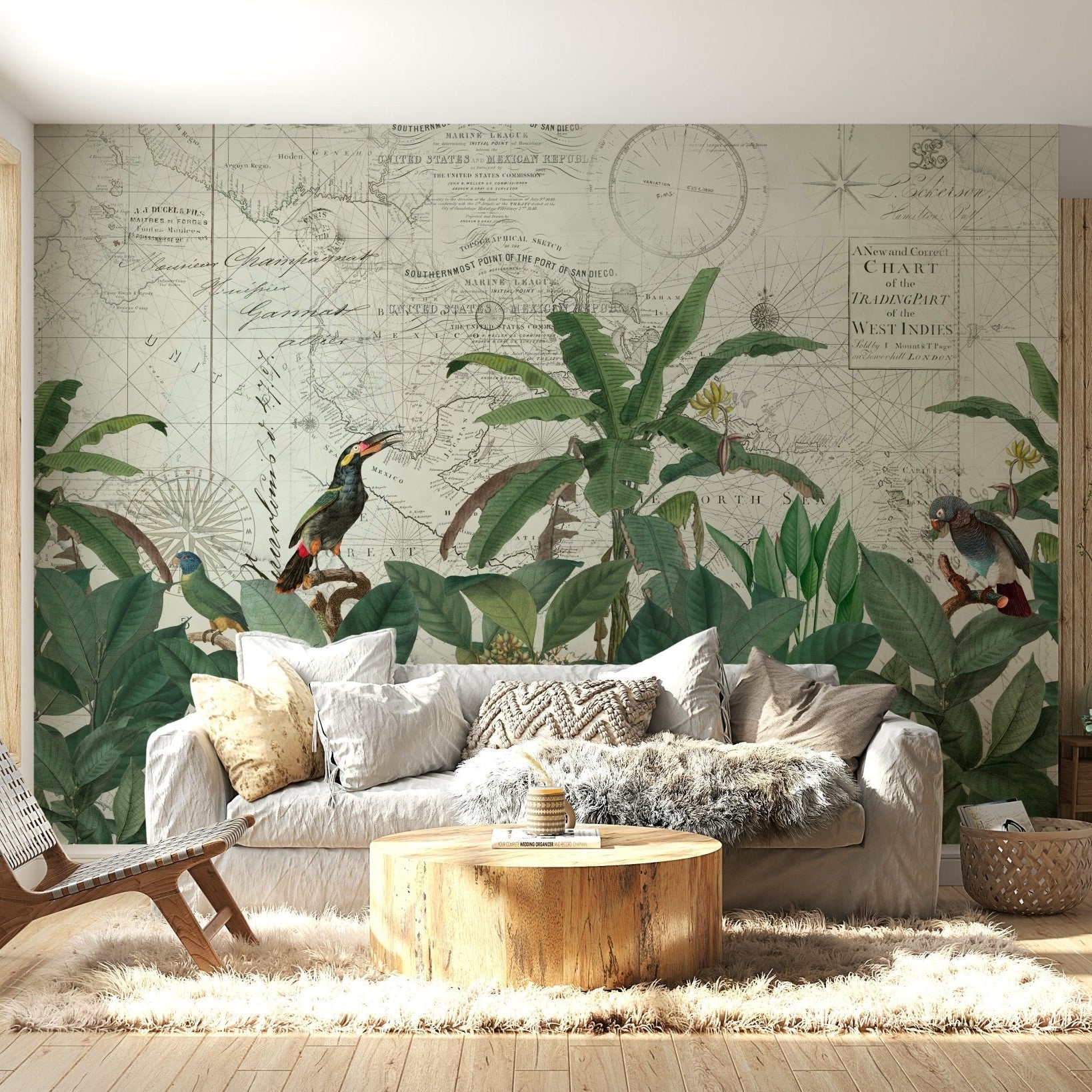 Vintage Tropical Paradise Wallpaper Mural | Exotic Bird & Map Design