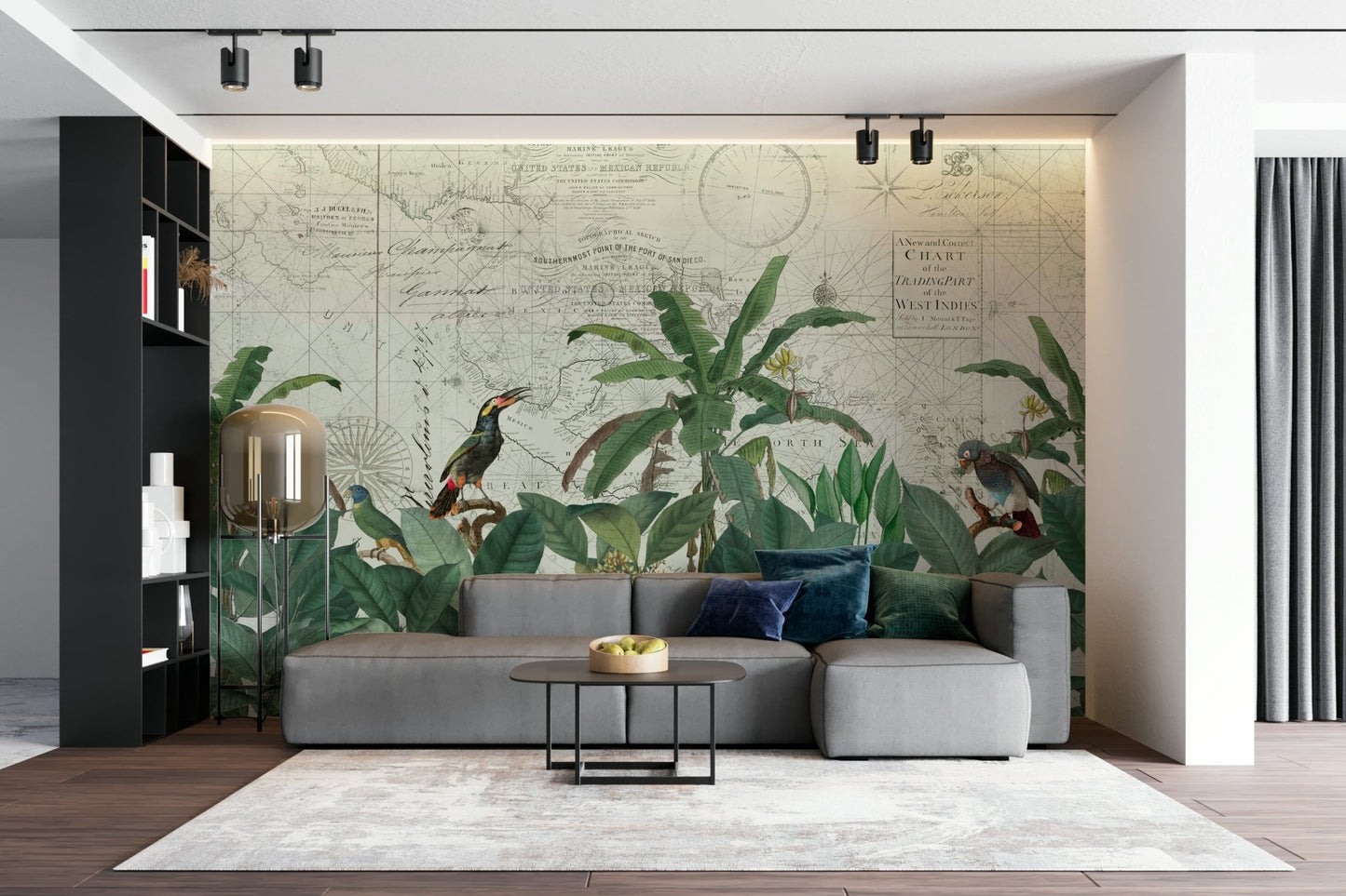 Lush tropical leaves and bird wall mural

