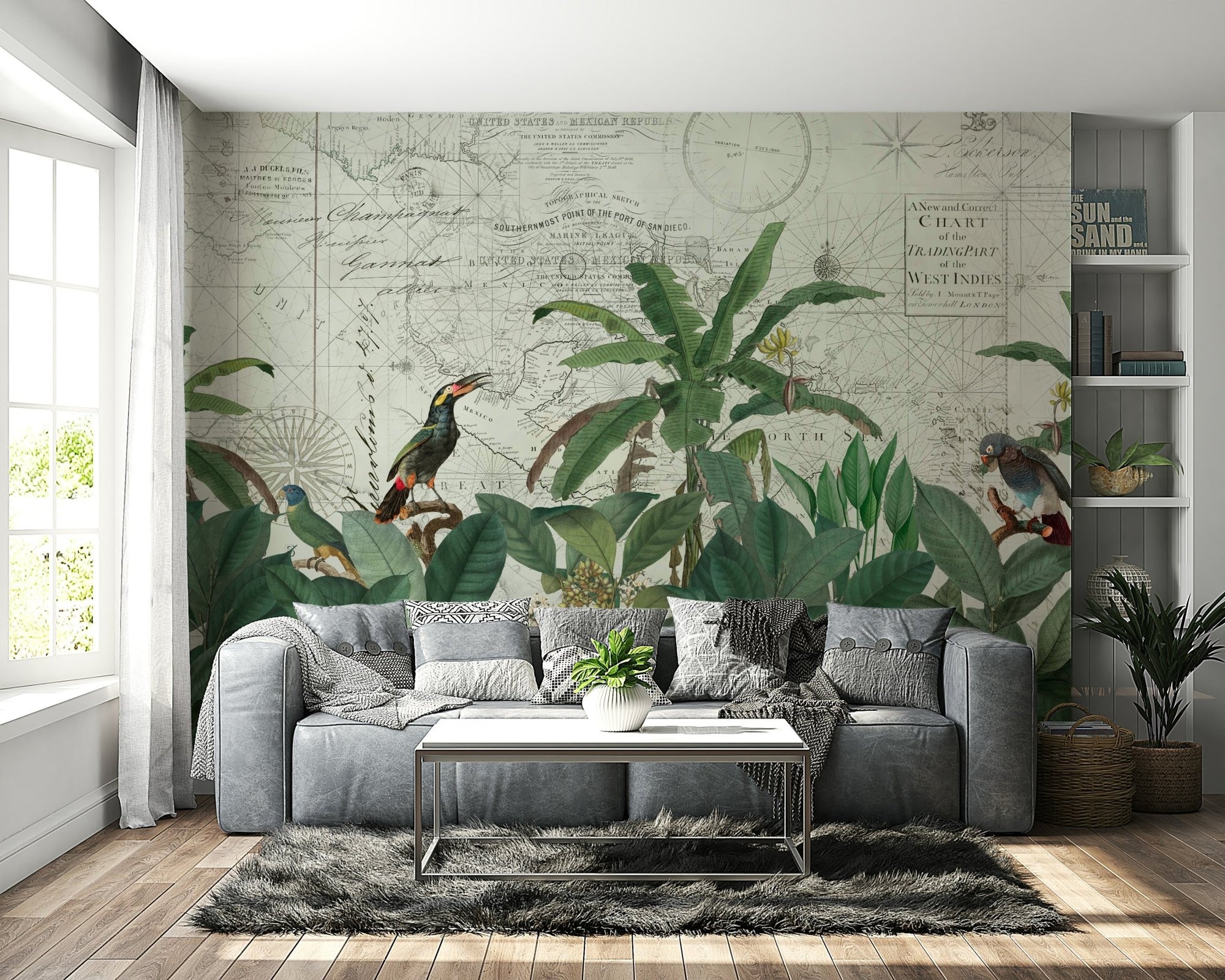 Vintage botanical mural with foliage and flowers, GD2550