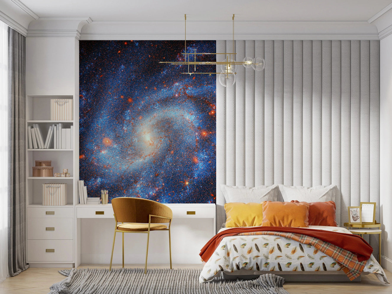 Distant Starfield wall mural in a child’s bedroom with blue bedding.