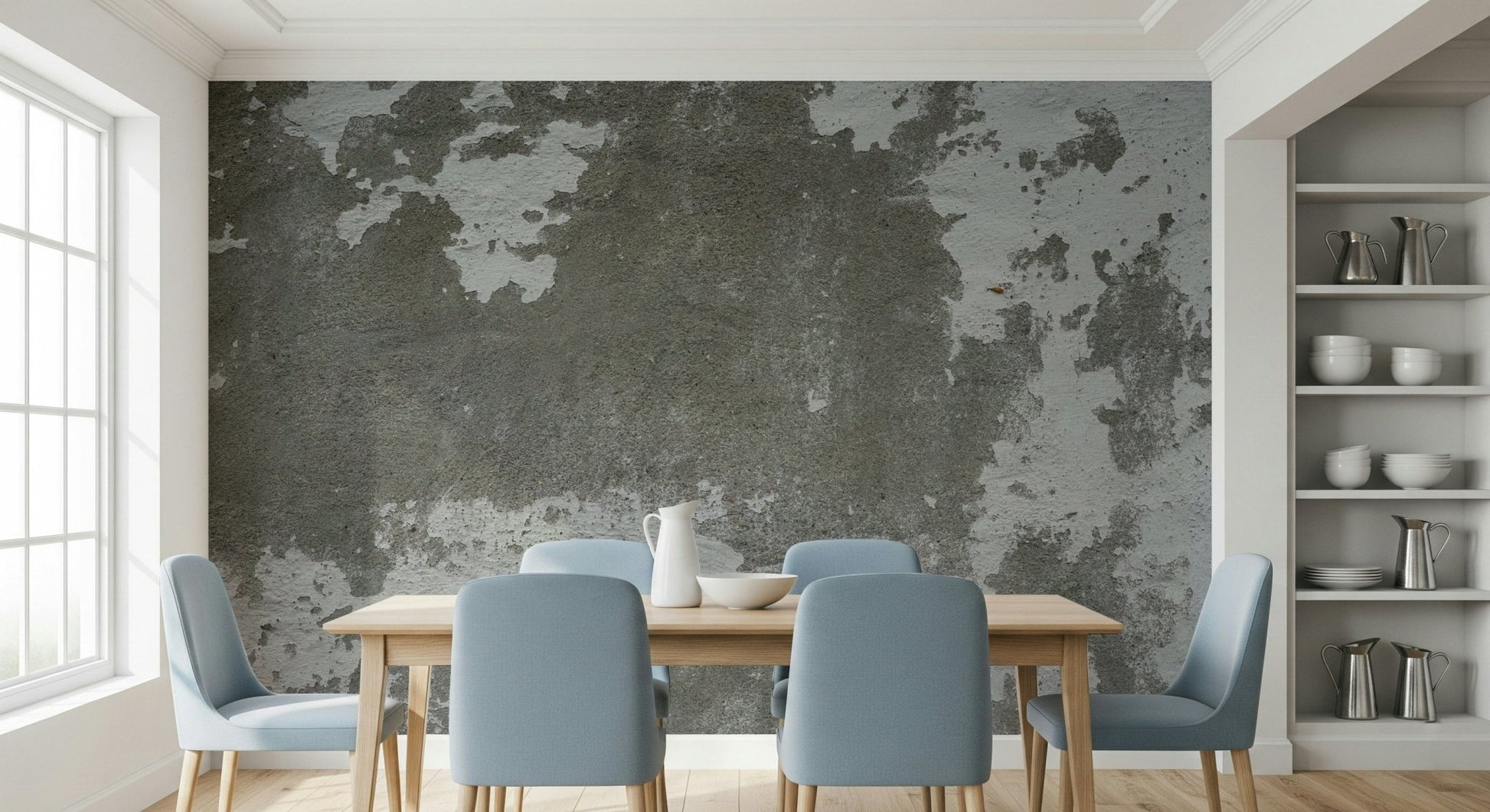 Minimalist dining room with concrete wallpaper mural.