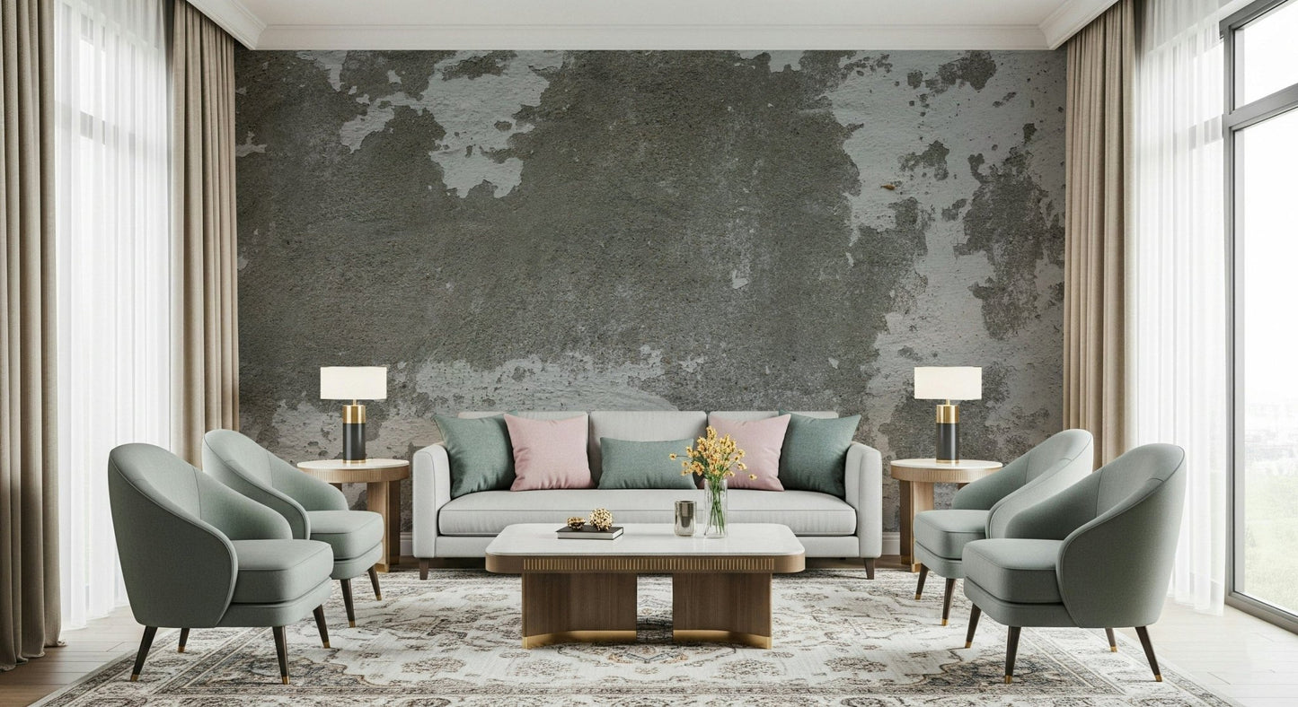 Distressed concrete wall mural in modern living room.