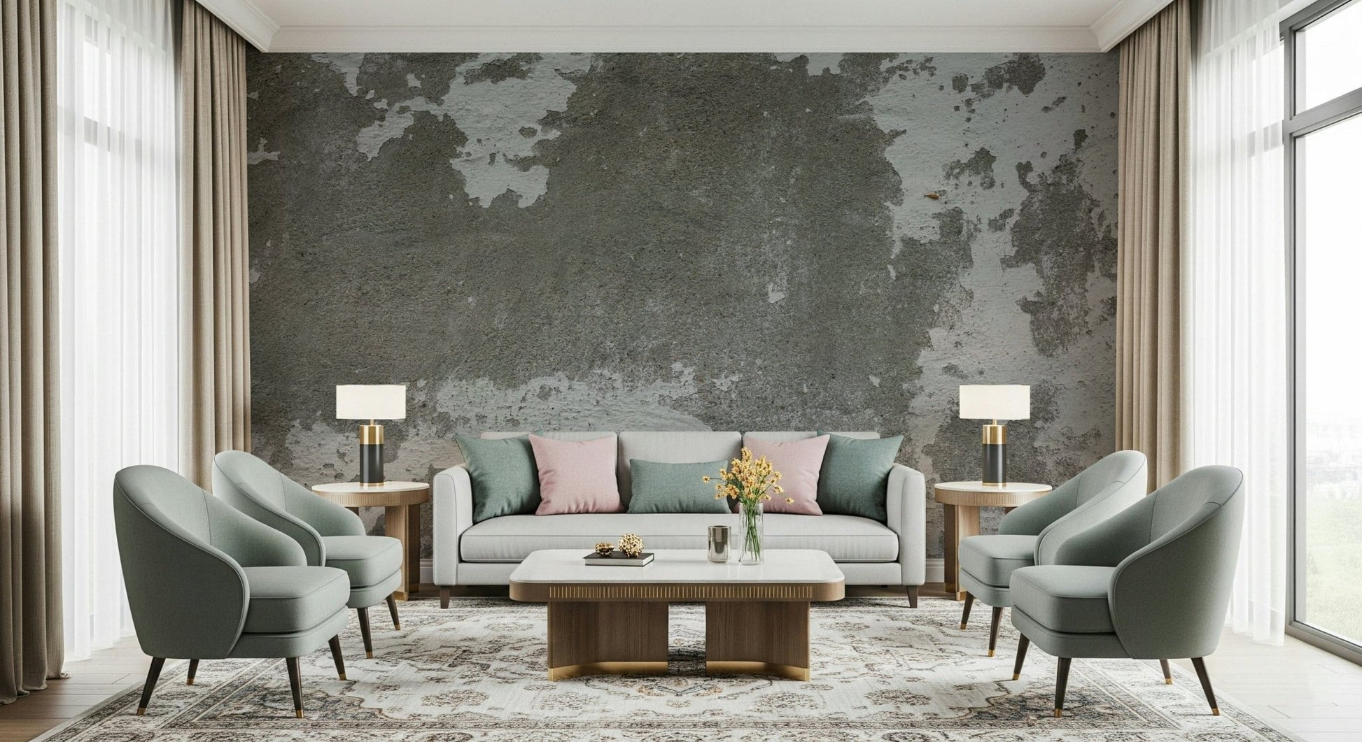 Distressed concrete wall mural in modern living room.