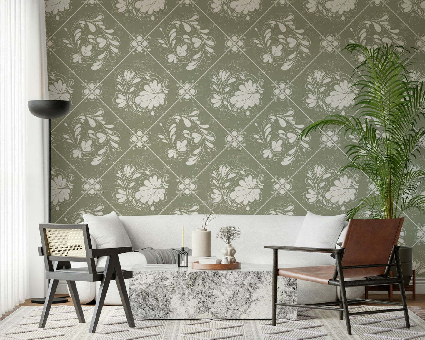 Geometric diamond wallpaper with aged floral texture in a dining space.