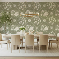 Vintage floral diamond pattern wallpaper for a classic bedroom.