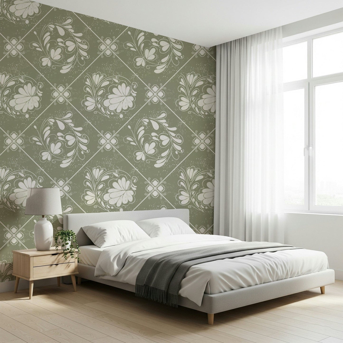 Subtle weathered flower pattern wall covering for a guest room.