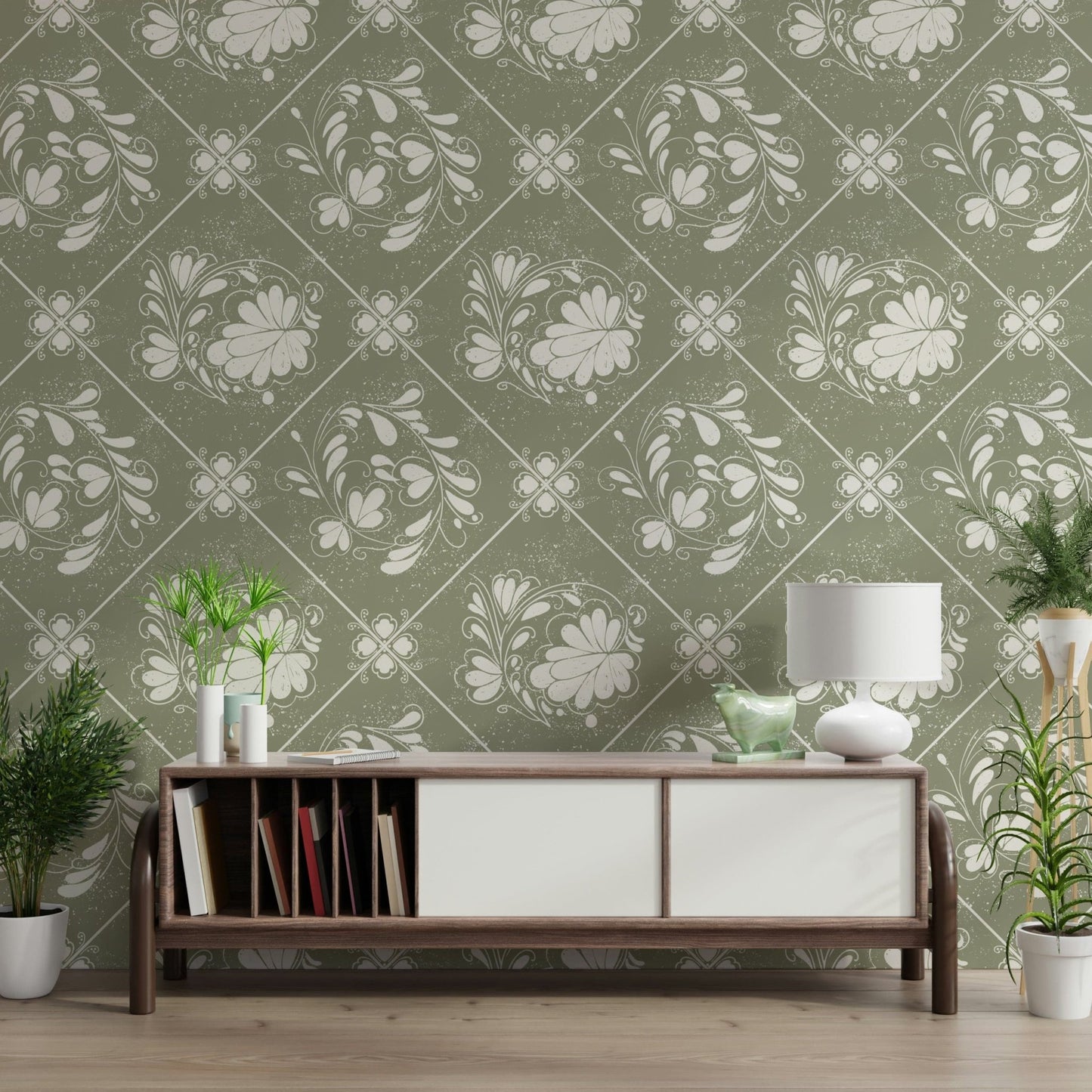 Distressed Diamond Flora Wallpaper for a shabby chic home office.