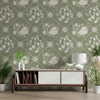 Distressed Diamond Flora Wallpaper for a shabby chic home office.
