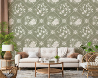 Distressed Diamond Flora Wallpaper in a modern apartment entryway.