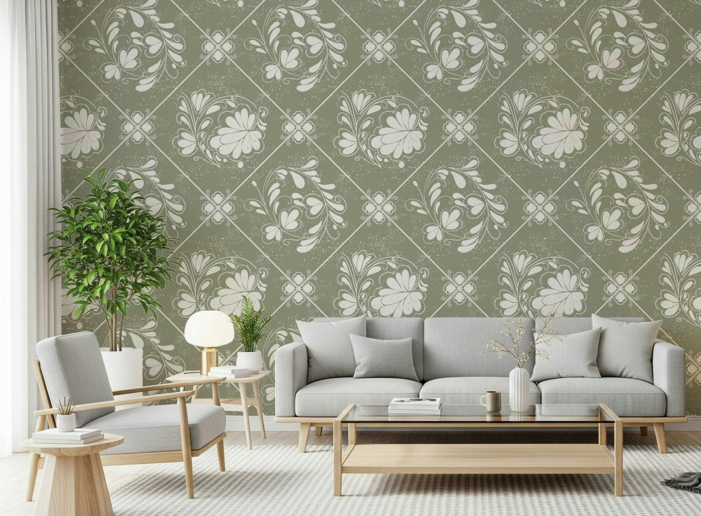 Distressed Diamond Flora Wallpaper as a feature wall in a cosy lounge.